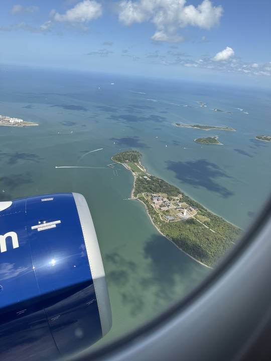 The harbor islands from the air on the way out of Logan