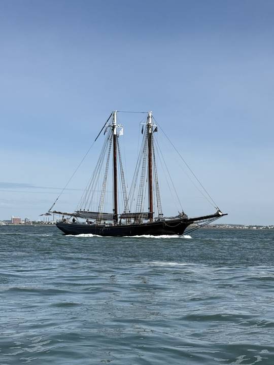 A black hulled schooner running down the channel
