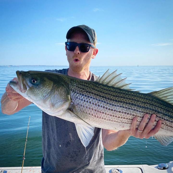 Thick striped bass held up on flat morning water