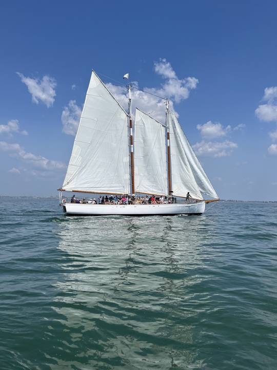 A schooner under full sail out in the harbor