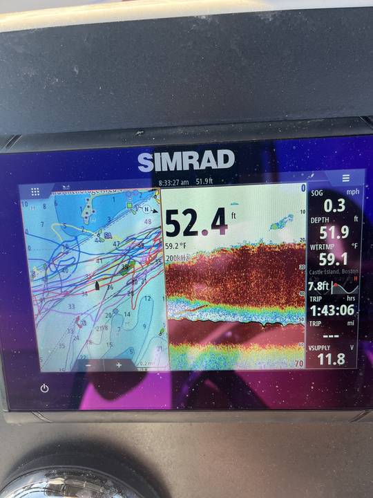 Fifty two feet of water off Castle Island, marks on the sounder