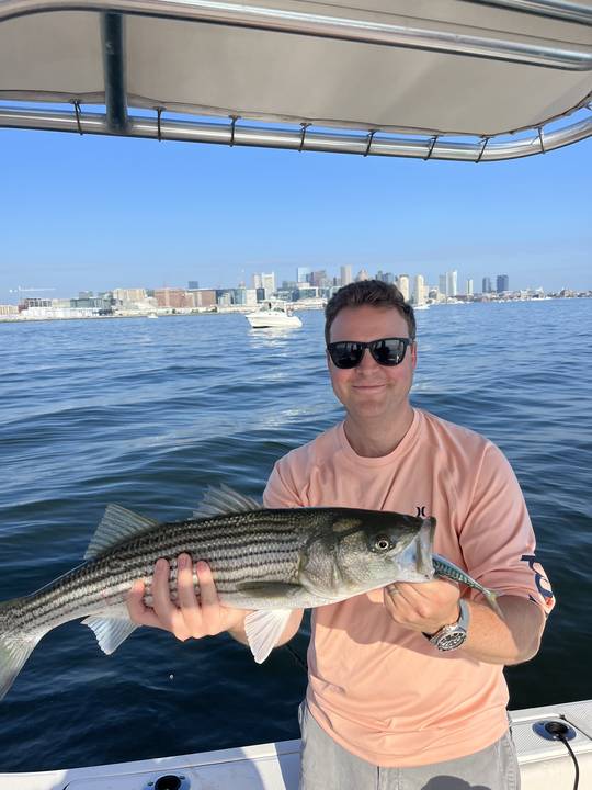 Striper held up with the Boston waterfront in the distance