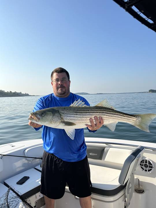 A heavy striped bass held up on flat morning water